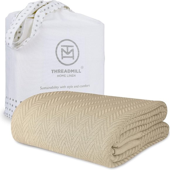 Threadmill Beige Luxury Herringbone 100% Cotton Blanket King Size - Picture 2 of 5